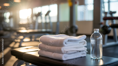 Stack of clean white towels and water bottle on gym bench with equipment background
