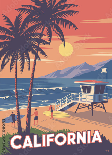 California beach  travel poster with lifeguard house, ocean coast, and scenic palms, vector illustration designed for vintage coastal wall art and surf-inspired home decor.