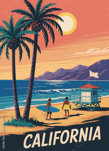 California  beach  poster  lifeguard house, coastal scenery, and ocean view, vector illustration ideal for vintage wall art, home decor, and surf-inspired interior design.