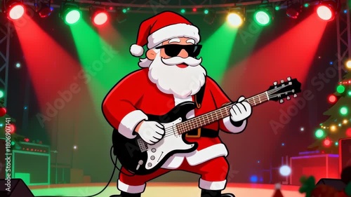 Cool cartoon Santa Claus with sunglasses rocking stage on guitar at festive christmas rock and roll music concert