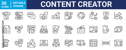 Content creator line web icons. media, content, podcast, blogger, live streaming, social network. Editable stroke. Vector illustration