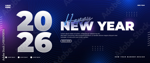 2026 banner design with blue and pink neon effects, perfect for New Year's events