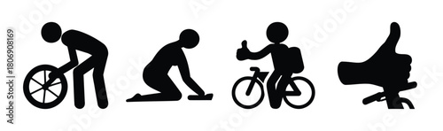 Cyclist fixing bike wheel, successful repair, thumbs up