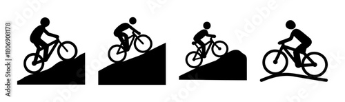Cycling uphill downhill journey silhouette icons set design