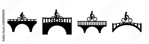 Cyclist riding across various bridge silhouettes vector set