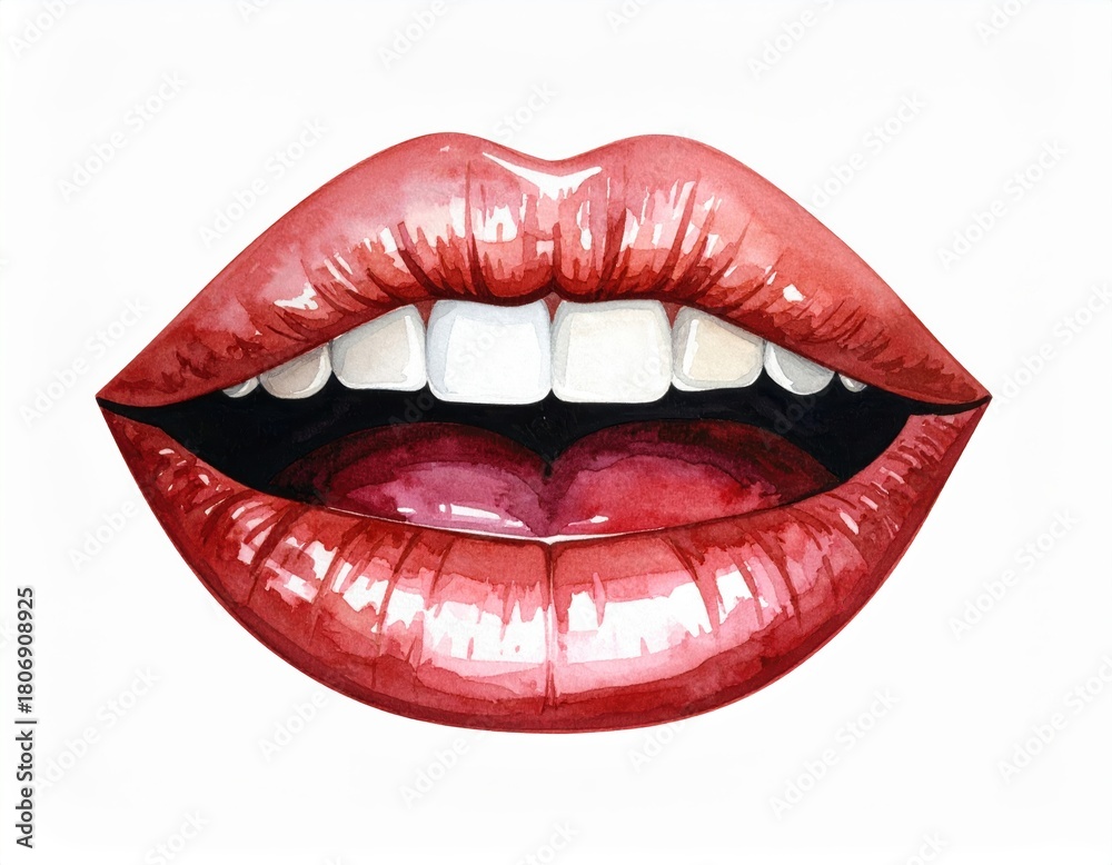 Obraz premium Watercolor Illustration of Open Lips in Vibrant Red and White Tones
