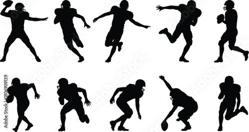 American football silhouette illustration set, player action poses, helmet icons, sports graphic, tackle symbol, athletic motion design