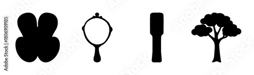 Black silhouettes: clover, hand mirror, paddle, and sturdy tree