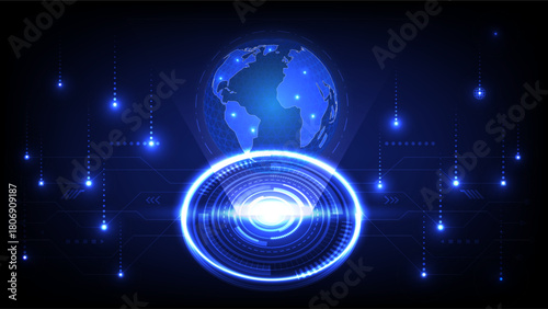 Digital globe and holographic HUD interface glowing in blue, representing global connectivity, data flow and advanced technology