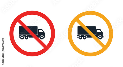 No trucks allowed red and yellow prohibition signs depicting vehicle restriction