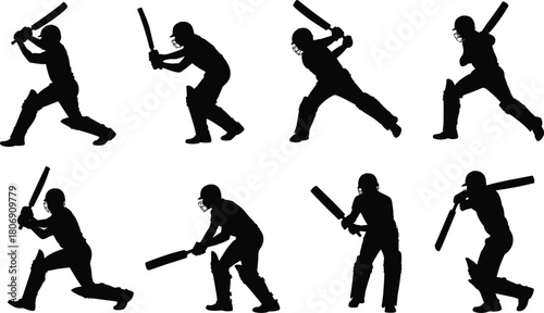 Cricket batsman silhouette illustration set, dynamic batting poses, sports icons, motion graphic, athlete symbol, game action design