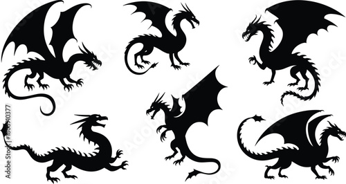 Dragon silhouette illustration set, mythical creature poses, fantasy winged icons, legendary beast graphic, folklore symbol, epic design shapes