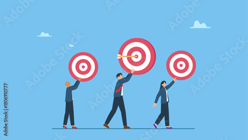 Businessman and businesswoman office workers walking with their personal goals. Personal goal for career development, individual target to achieve for job evaluation, objective or purpose.