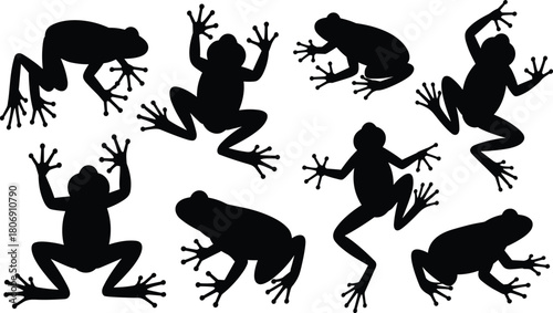 Frog silhouette illustration set, jumping and crouching poses, amphibian icons, nature graphic, wildlife symbol, motion shape design