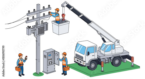 Linemen working on electrical power lines and equipment with a bucket truck