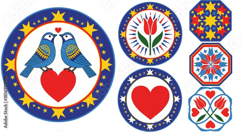 Pennsylvania Dutch Hex Sign Vector Elements with Folk Art Bird and Tulip Motifs