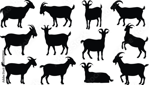 Goat silhouette illustration set, standing and walking poses, farm animal icons, horned wildlife graphic, nature symbol, livestock design