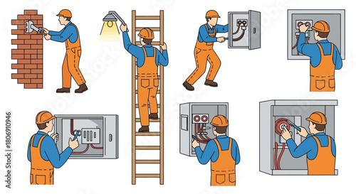 Electrical work and safety a series of illustrations depicting electricians at work