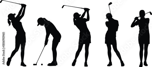 Golf silhouette illustration set, swing and putting poses, sports icon series, athlete graphic, golfing motion symbol, club design