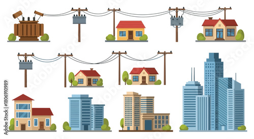 Illustration of buildings power lines and electrical infrastructure in a cityscape