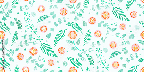 Watercolor floral pattern with flowers leaves and branches on white background