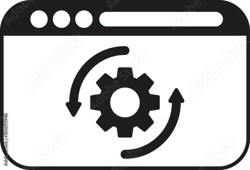 Browser window displaying rotating gear, symbolizing ongoing website updates, maintenance, and process optimization