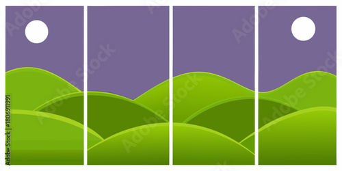 Abstract landscape with green hills and moon in four panels