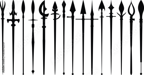 Polearm silhouette illustration set, medieval weapon icons, fantasy blade shapes, combat graphic, spear and axe symbol, warrior design