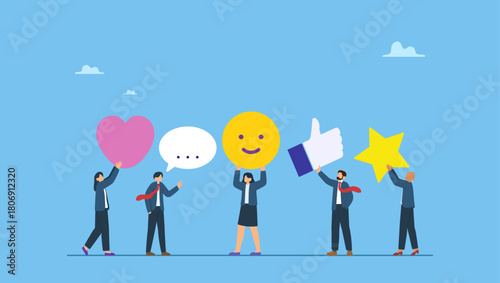 Diverse business people giving emoticon feedback such as stars, thumbs up. Customer feedback, user experience or client satisfaction, opinion for product and services, review rating or evaluation.