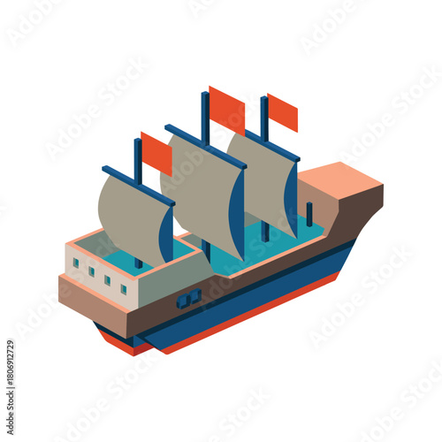 Isometric Sailing Ship Vector Illustration in Flat Style