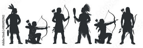 Silhouettes of native american with bow and weapon