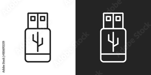 Usb Drive Icon In Line Version On Black And White Background