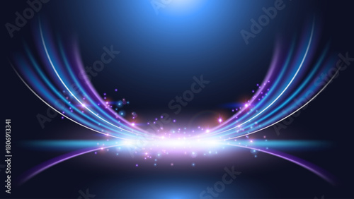Glowing Blue Light Streaks With Sparkles Luxury Award Ceremony Background. Futuristic Abstract Energy or Stage Scene. Vector Illustration.