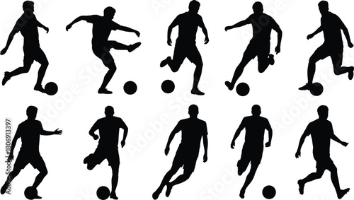 Soccer player silhouette illustration set, kicking and dribbling poses, sports icons, motion graphic, athlete symbol, football design