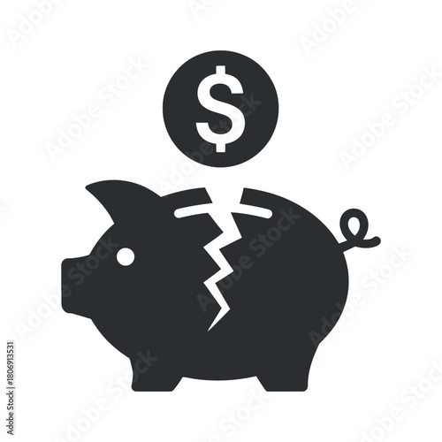 Broken piggy bank with dollar coin falling into it