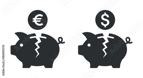 Comparison of a euro and dollar coin falling into a broken piggy bank