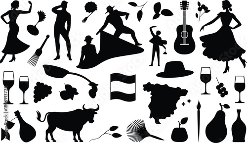 Spanish culture silhouette illustration set, flamenco dancers, bullfighting icons, wine and music symbols, heritage graphic, tradition design