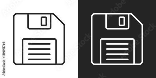 Floppy Disk Icon In Line Version On Black And White Background