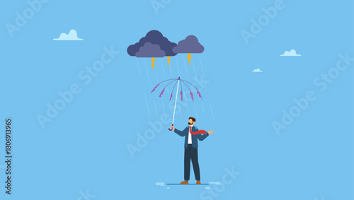 Frustrated wet businessman with broken useless umbrella in the rain. Useless or meaningless effort, disappointment, mistake or difficulty, trouble or struggle, mistake or bad decision.