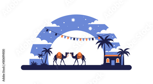 two camels at night under string lights and starry sky for islamic holidays, travel blogs, history presentations, or middle eastern cultural events