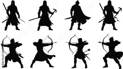 Warrior and archer silhouette illustration set, medieval combat poses, fantasy weapon icons, battle graphic, heroic motion design