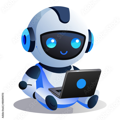 Cute robot with laptop