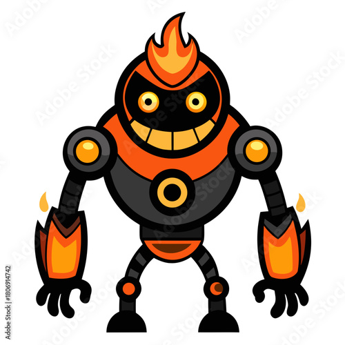 Fiery robot character with a grinning face and flame hair