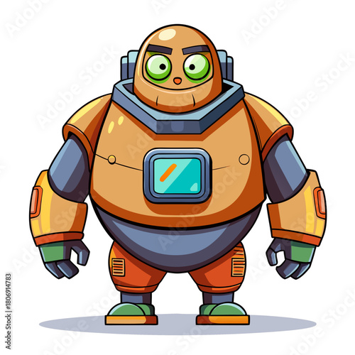 Friendly orange robot character with big green eyes