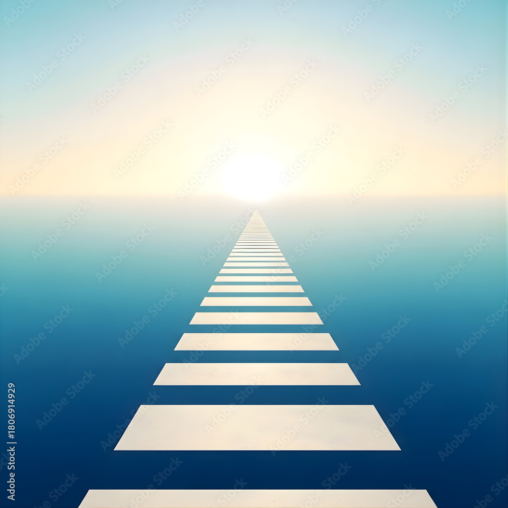 Obraz premium Abstract straight white path extending over a calm blue and white gradient horizon towards a bright light, symbolizing journey and opportunity.