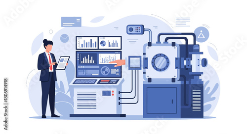 Advanced analytics: A business professional inspecting equipment with digital interface