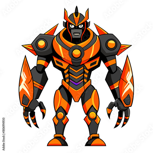 Futuristic orange and black robot warrior with sharp armor
