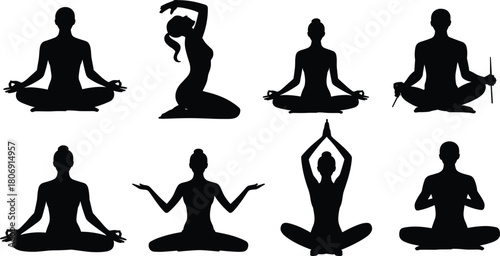 Yoga and meditation silhouette illustration set, seated and kneeling poses, mindfulness icons, wellness graphic, spiritual symbol design