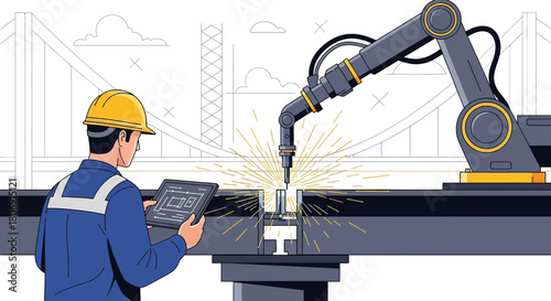 Advanced manufacturing process using industrial robotic arm with a technician overseeing work