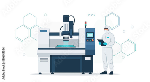 Advanced technological equipment manufacturing with professional in protective suit supervising